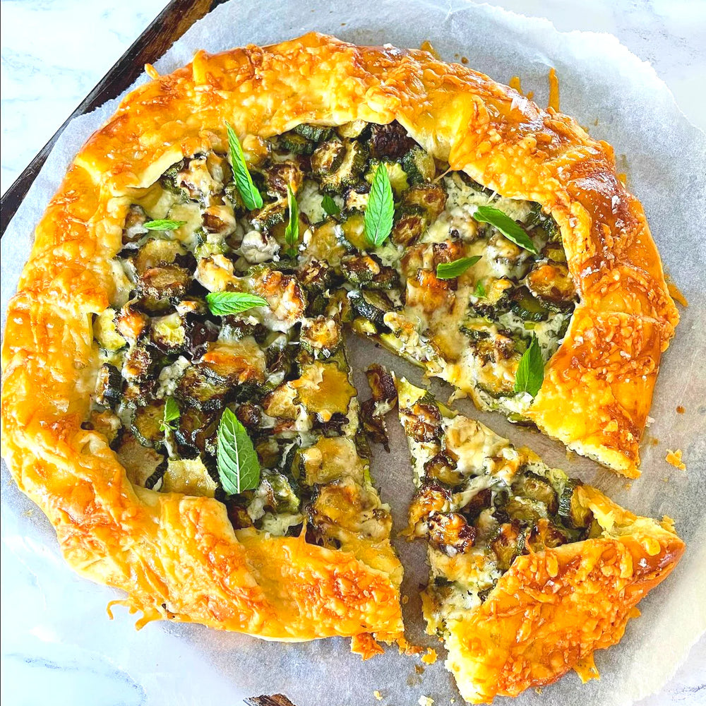 lemony courgette, ricotta, gruyère & mint galette