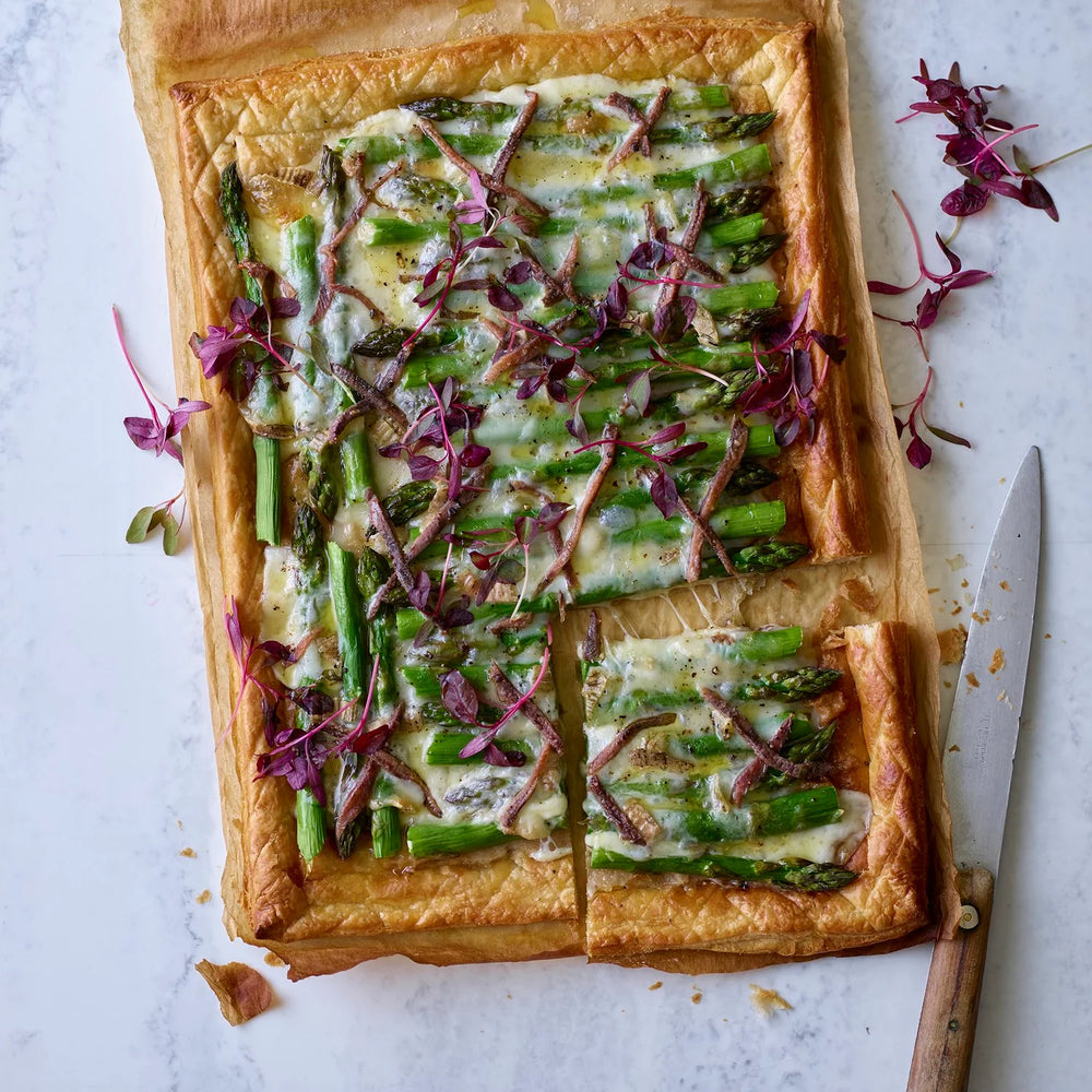 asparagus, taleggio & anchovy tart